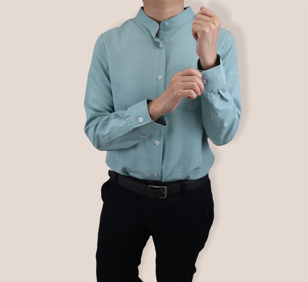 Plain Long Sleeves Mandarin Collar Shirt - Cadet Blue (SHLSHUCB)