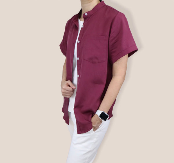 Plain Short Sleeves Mandarin Collar Shirt - Red Wine (SHSSHURW)