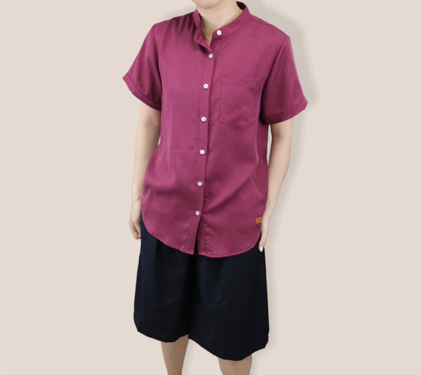 Plain Short Sleeves Mandarin Collar Shirt - Red Wine (SHSSHURW)