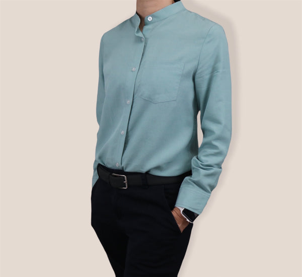 Plain Long Sleeves Mandarin Collar Shirt - Cadet Blue (SHLSHUCB)