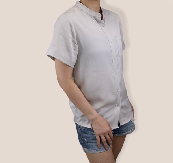 Plain Short Sleeves Mandarin Collar Shirt - Grey White (SHSSHUGW)