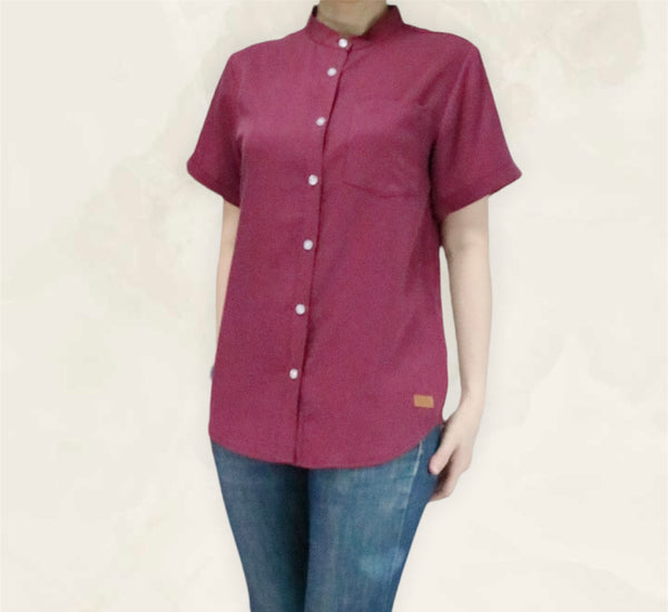 Plain Short Sleeves Mandarin Collar Shirt - Red Wine (SHSSHURW)