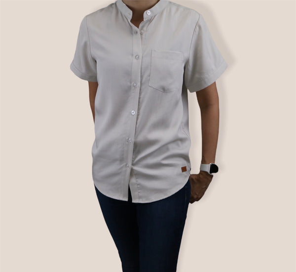 Plain Short Sleeves Mandarin Collar Shirt - Grey White (SHSSHUGW)