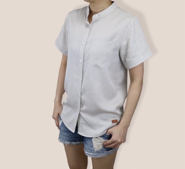 Plain Short Sleeves Mandarin Collar Shirt - Grey White (SHSSHUGW)