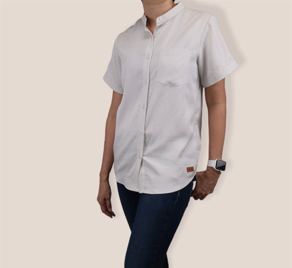 Plain Short Sleeves Mandarin Collar Shirt - Grey White (SHSSHUGW)