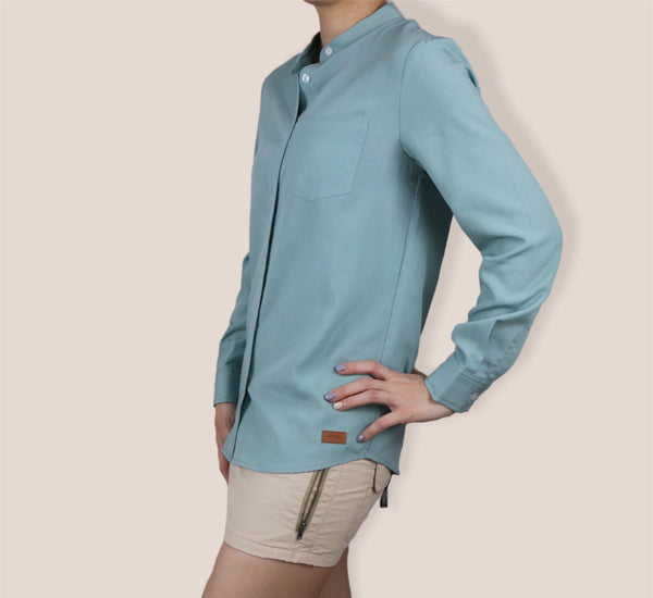 Plain Long Sleeves Mandarin Collar Shirt - Cadet Blue (SHLSHUCB)