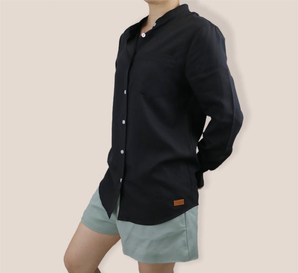 Plain Long Sleeves Mandarin Collar Shirt - Black (SHLSHUBK)