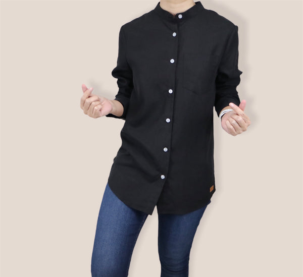 Plain Long Sleeves Mandarin Collar Shirt - Black (SHLSHUBK)