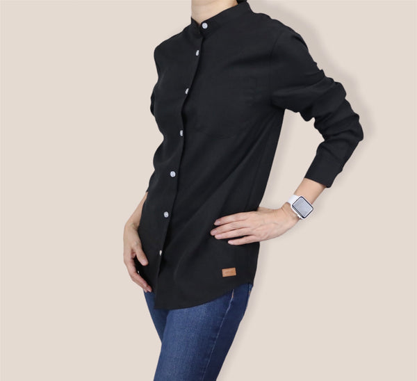 Plain Long Sleeves Mandarin Collar Shirt - Black (SHLSHUBK)