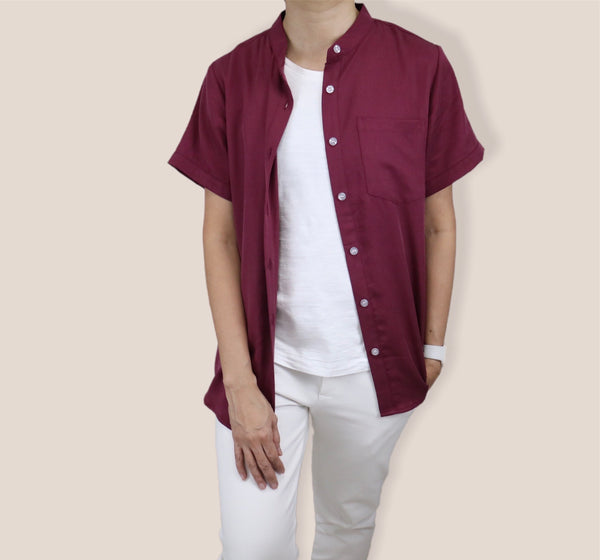 Plain Short Sleeves Mandarin Collar Shirt - Red Wine (SHSSHURW)