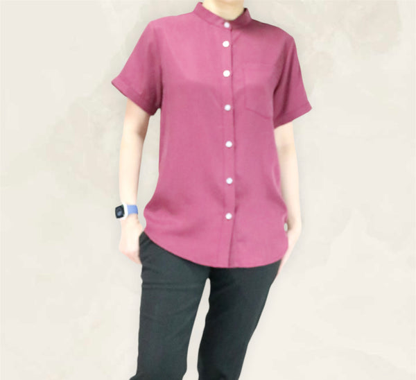 Plain Short Sleeves Mandarin Collar Shirt - Red Wine (SHSSHURW)