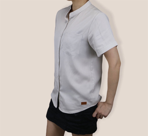 Plain Short Sleeves Mandarin Collar Shirt - Grey White (SHSSHUGW)