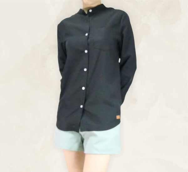 Plain Long Sleeves Mandarin Collar Shirt - Black (SHLSHUBK)