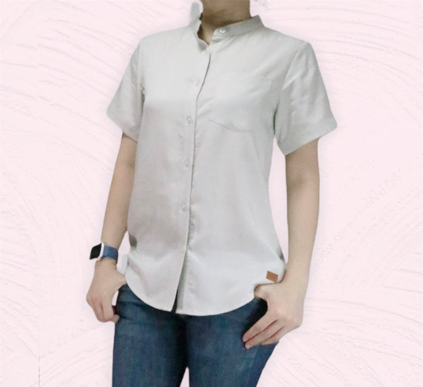 Plain Short Sleeves Mandarin Collar Shirt - Grey White (SHSSHUGW)