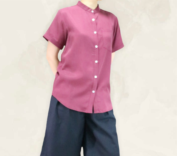 Plain Short Sleeves Mandarin Collar Shirt - Red Wine (SHSSHURW)