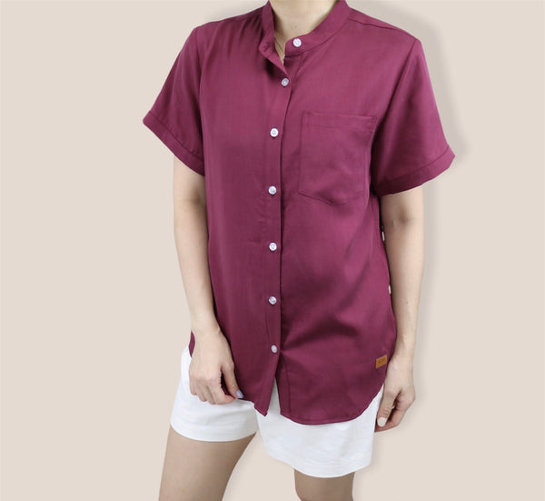 Plain Short Sleeves Mandarin Collar Shirt - Red Wine (SHSSHURW)