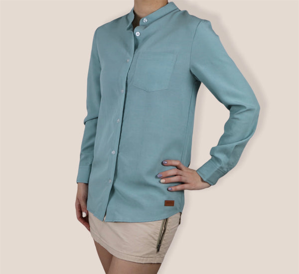 Plain Long Sleeves Mandarin Collar Shirt - Cadet Blue (SHLSHUCB)